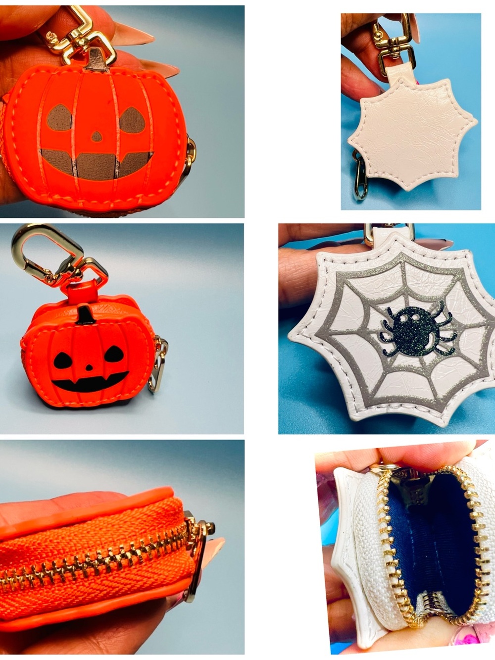 Halloween Pumpkin & Spider mini Keychain Pouches - Orange and White. Pick ONE